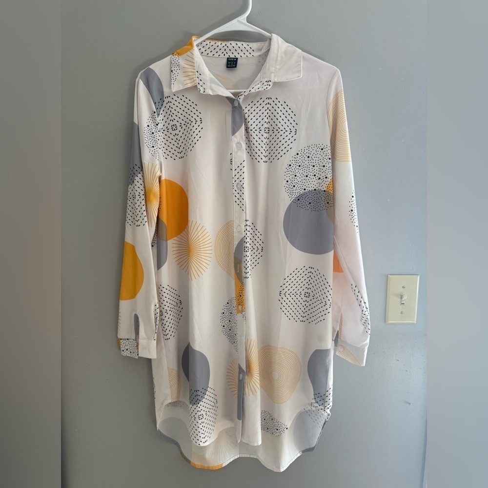 SHEIN Button Front Long Sleeve Tunic Blouse Dress Women’s SZ S Polkadot Artsy